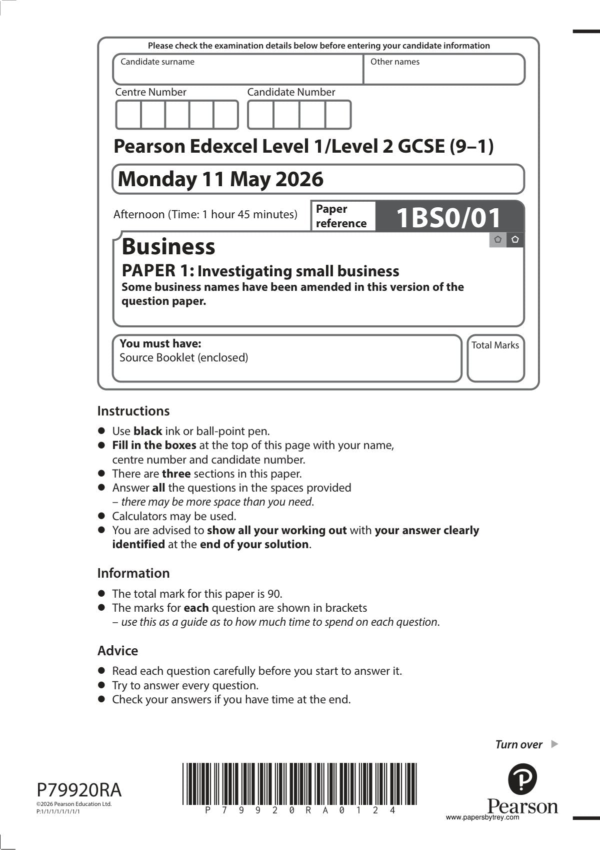 Edexcel GCSE Business Paper 1 2026 (1BS0/01) | Question Paper & Mark ...